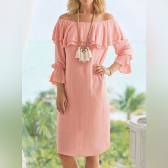 Soft Surroundings Gauze Off Shoulder Dress Bossa Nova Peach - Picture 1 of 6